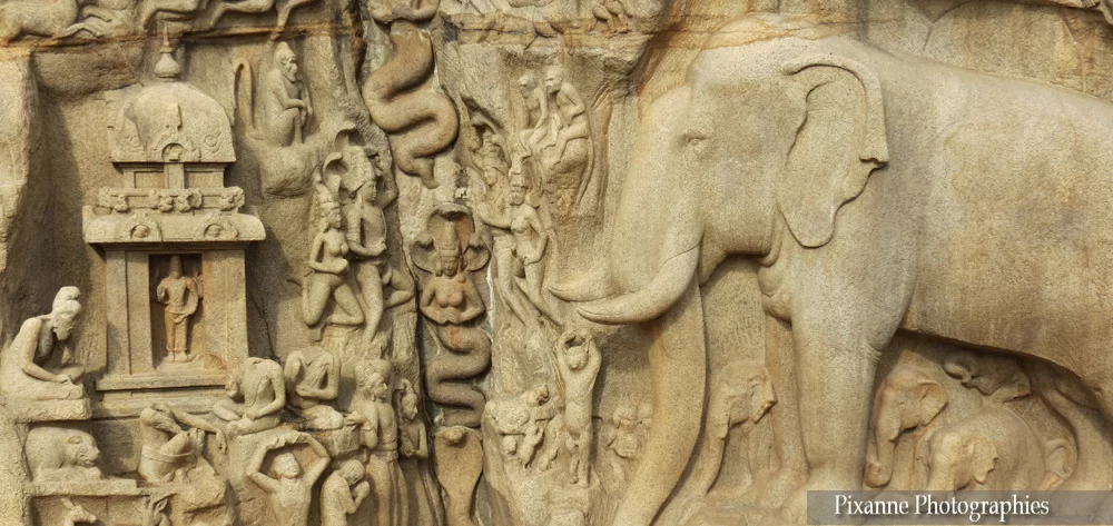 asie, inde, inde du sud, mahabalipuram, fresque, arjuna s penance, descente du gange, souvenirs de voyages, pixanne photographies